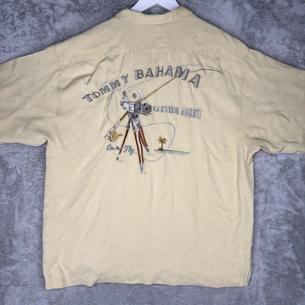 Tommy Bahama Shirt Mens Large Beige Embroidered Casting Agent On The Fly Silk